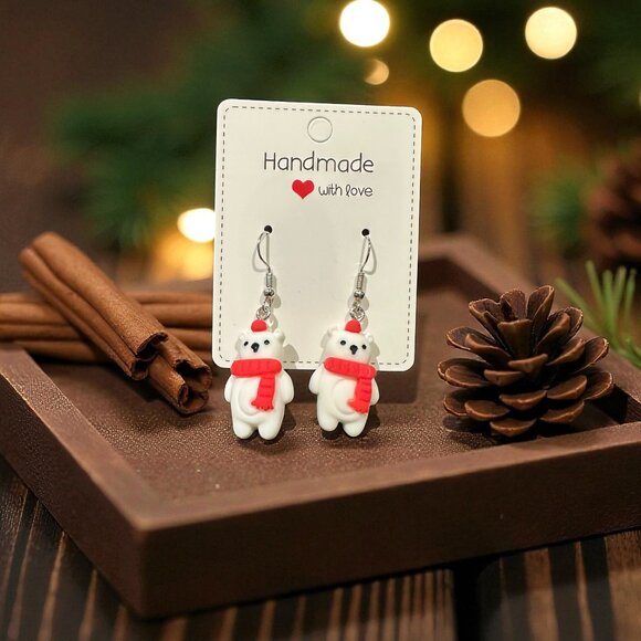 Handmade Polar Bear Earrings | Christmas Earrings | Polymer Clay Holiday Jewelry - Picture 3 of 9